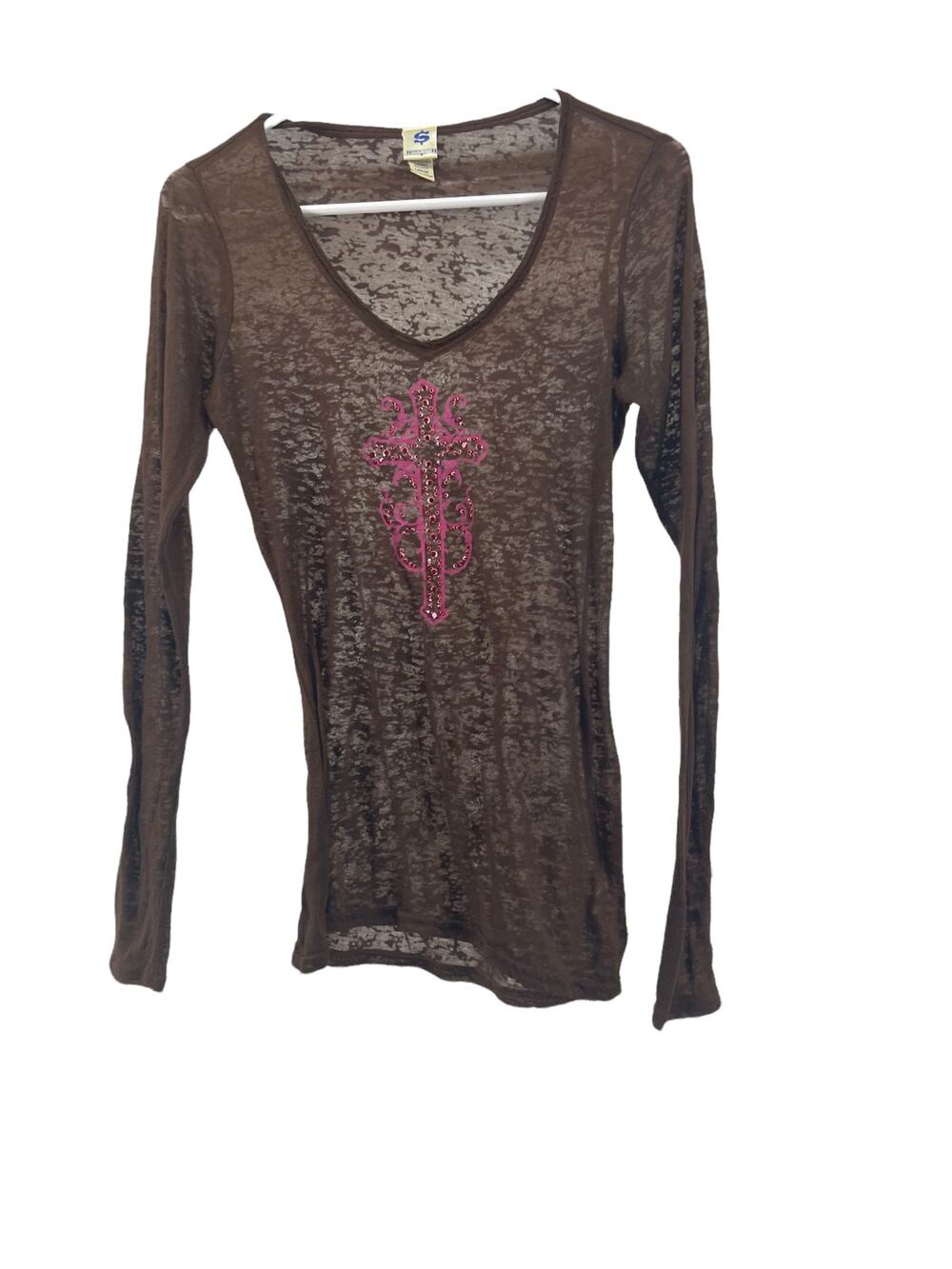 Ransom Ranch Brown Burnout Pink Graphic Embellished Top Women's Size Large